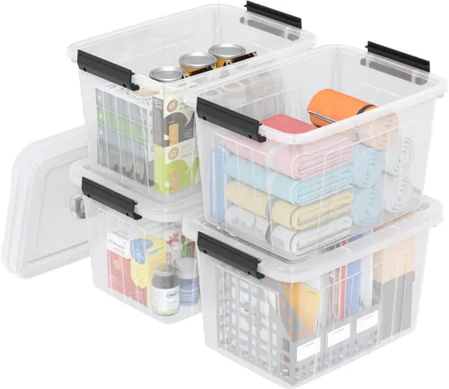 Miniatura 7 de Caja de plástico de 20 litros, cajas transparentes con tapa con asas negras, juego de 4