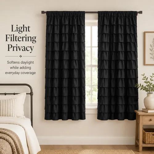 Miniatura 7 de Black Ruffle Curtains 2 Panels, 12-Layer Ruffled Window Panels, Light Filtering Shabby Chic Farmhouse Drapes for Bedroom Dorm Bathroom, Rod Pocket
