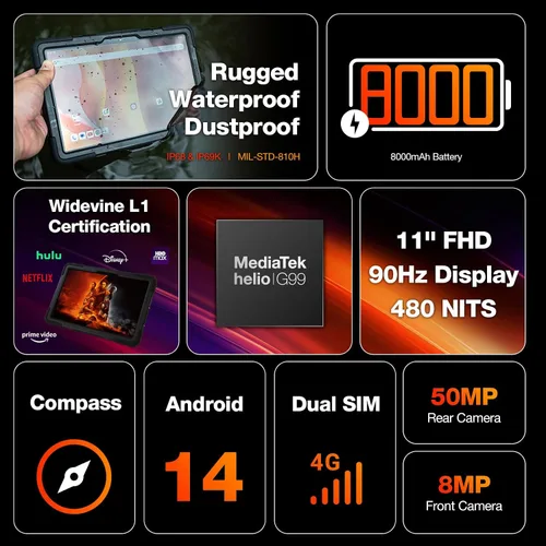 Miniatura 4 de AGM Tablet P2 Active Ultra Rugged para todos, tableta Android de 11 pulgadas, 16 GB de RAM 256 GB ROM 2 TB TF, pantalla IPS FHD de 90 Hz/Widevine
