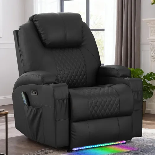 Miniatura 16 de Silla reclinable eléctrica con calor y masaje para adultos, asiento de cine en casa con luces LED, portavasos, bolsillo lateral, puerto USB, sofá