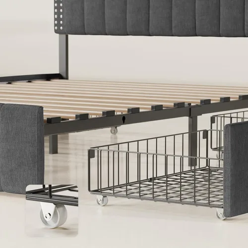 Miniatura 3 de Gizoon Estructuras de cama Full con 4 cajones de almacenamiento sobre ruedas y cabecero ajustable, se adapta a colchones de 6" a 12" pulgadas,