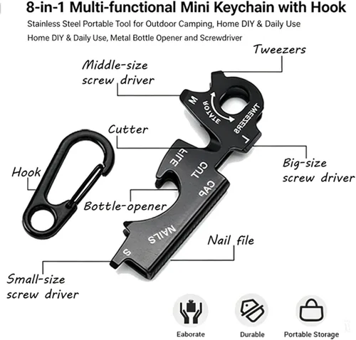 Miniatura 3 de Llavero EDC de acero inoxidable 8 en 1 con pinzas, destornilladores, abridor de botellas, cortador de cuerda y lima de uñas, mini herramienta