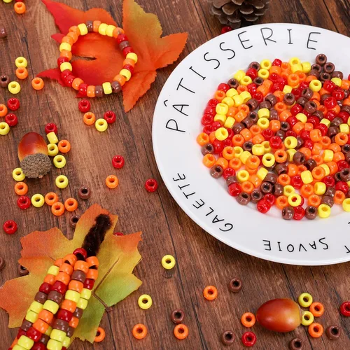 Miniatura 4 de Whaline 1000 cuentas de poni de otoño, 4 colores mezclados, cuentas de plástico para manualidades, rojo, amarillo, naranja, marrón, cuentas