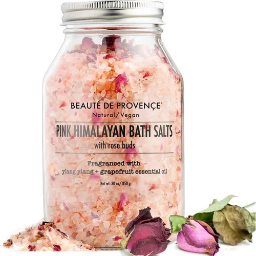 Beaute DE Provence Sal de baño rosa del Himalaya con pétalos de rosa, aromaterapia y relajación 100% natural, sales de baño de aceite esencial de
