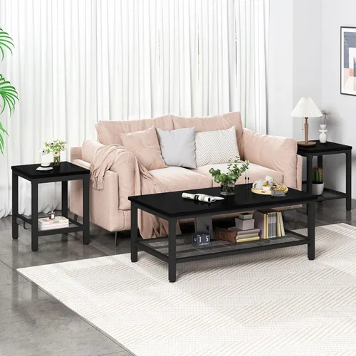 Miniatura 2 de Conjunto de 3 mesas de café AWQM, mesa de café industrial con 2 mesas auxiliares cuadradas, conjunto de mesas modernas para sala de estar con Negro