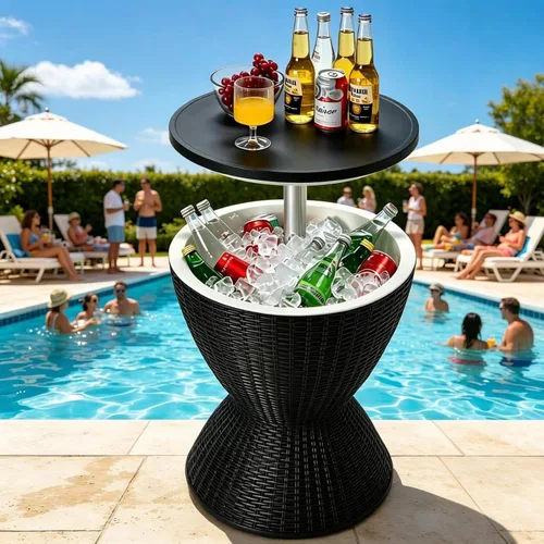 Miniatura 2 de Tangkula Mesa de Bar para Exteriores, Mesa de Patio de Ratán con Enfriador de Cerveza y Vino de 8 Galones, Cubo de Hielo para Todo Clima