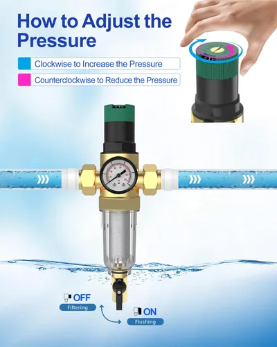 Miniatura 2 de Regulador de presión de agua, con filtro de sedimentos giratorio y medidor para el hogar, 50 micras, MNPT de 1.25 pulgadas + 1 pulgada FNPT + 1