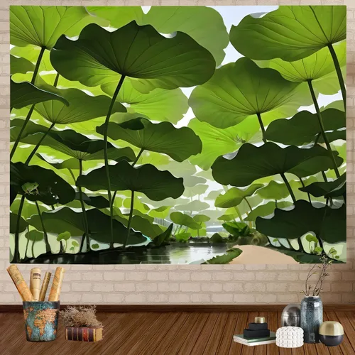 FENDROM Tapiz de hojas de loto de naturaleza, tapiz de plantas, paisaje natural verde, para colgar en la pared, arte de pared 3D para dormitorio,