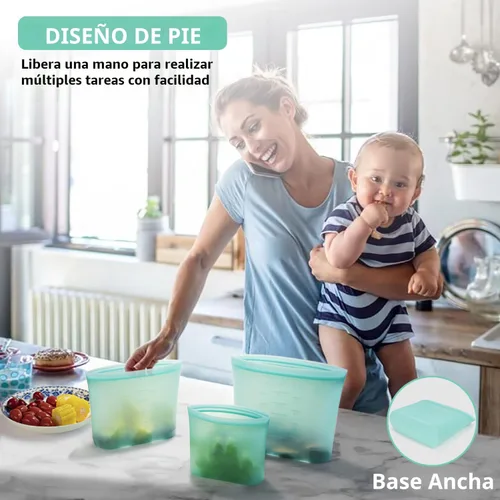 Miniatura 4 de Bolsas de Alimentos Reutilizables, Paquete de 12 Bolsas de Almacenamiento de Alimentos 100% Silicona que se Mantienen de Pie con Cierre Hermético