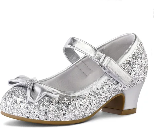 K KomForme Mary Jane - Zapatos de vestir para niña, con purpurina de 1.5 pulgadas, tacón bajo, para boda, fiesta, princesa, zapatos para niños