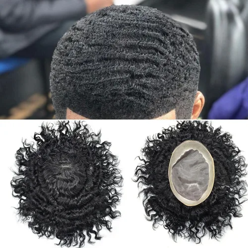 Miniatura 13 de Afro - Tupé para hombre, duradero, base fina, mono, rizado, cabello ondulado africano, piezas para hombres negros, mono encaje de poliuretano