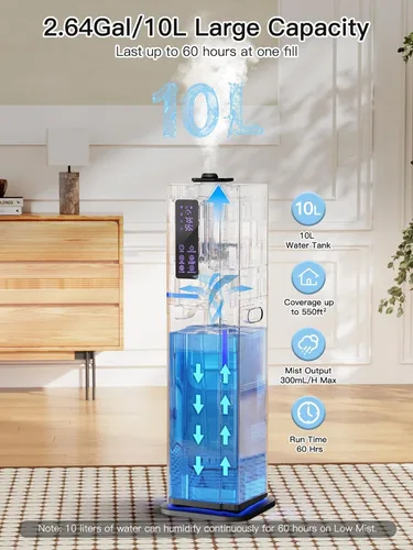 Miniatura 2 de Humidificador de 10L/2.64Gal, Humidificador Ultrasónico de Niebla Fría y Silencioso de Llenado Superior para Dormitorio, Cubre 550 pies², Tiempo