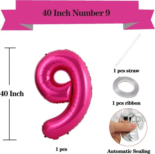 Miniatura 4 de Globos grandes de 40 pulgadas de color rosa intenso con el número 9, globos gigantes de Mylar para cumpleaños, aniversario, fiesta, graduación