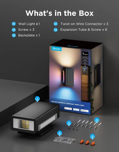 Miniatura 8 de Govee Luz de Pared Exterior Arriba-Abajo, 1 Paquete, 1200LM RGBICWW Luces Inteligentes para Porche Exterior con 64 Modos de Escena, Aplique de Pared