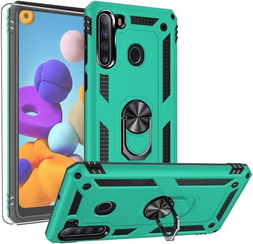 Miniatura 8 de Funda para Galaxy A21, con protector de pantalla HD, [grado militar] anillo de montaje en coche con soporte híbrido de policarbonato duro suave TPU