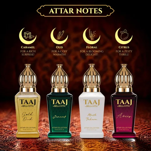 Miniatura 3 de BELLAVITA Taaj Attar de lujo Set de regalo unisex de larga duración para hombre y mujer, 4 x 0.4 fl oz, caramelo, limón, canela y almizcle