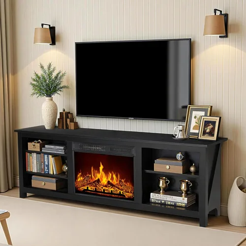 Miniatura 9 de AMERLIFE Soporte de TV con chimenea, centro de entretenimiento con textura de madera con chimenea eléctrica de 23 pulgadas, soporte