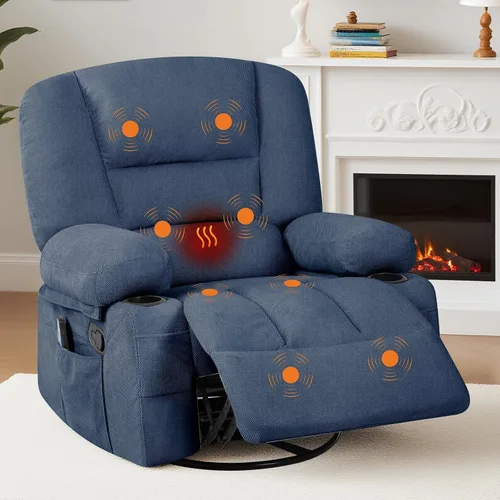 Miniatura 9 de Silla reclinable ancha de gran tamaño, masaje de calor y vibración, silla mecedora giratoria de 360° para adultos, silla reclinable manual de tela