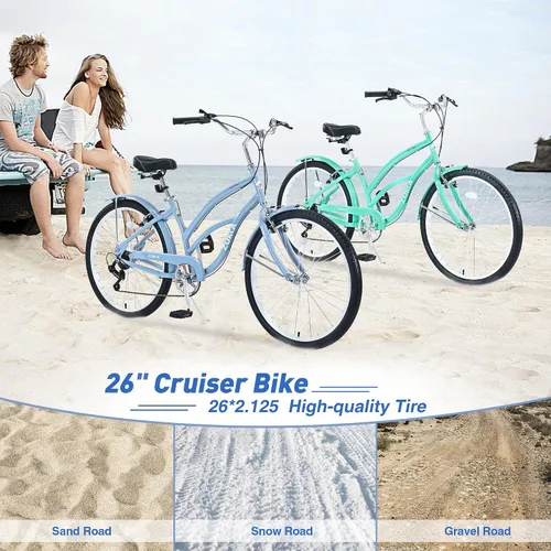 Miniatura 2 de MEGHNA Bicicleta de crucero de playa de 26 pulgadas, ruedas de 7 velocidades, freno en V, cómodo sillín clásico, retro, bicicleta de crucero