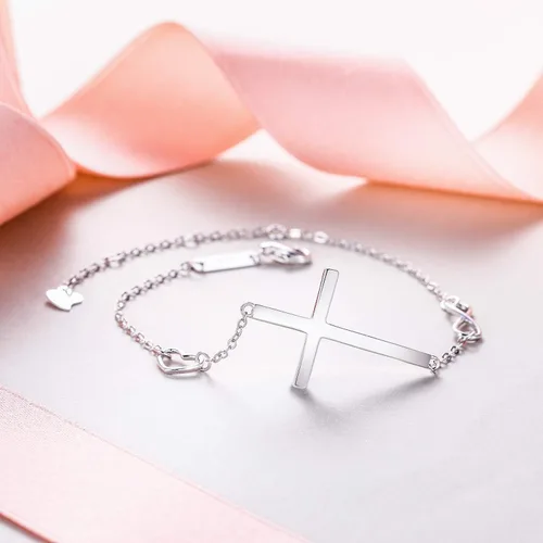 Miniatura 4 de EVER FAITH Pulsera de cruz de plata de ley 925 religiosa clásica con dije de infinito con dije de cruz, cadena ajustable, cumpleaños, día