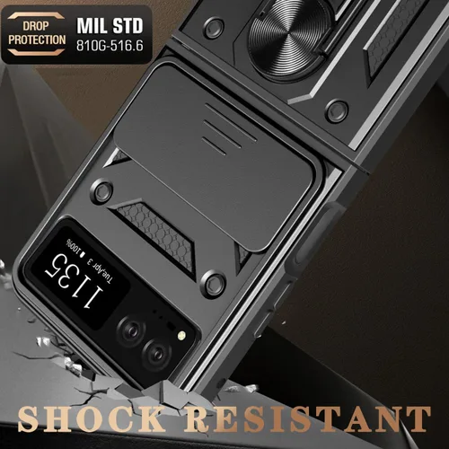 Miniatura 2 de Funda para Motorola Razr 2023 con cubierta de cámara y soporte, protección de lente deslizante + soporte de anillo giratorio de 360°, resistente a