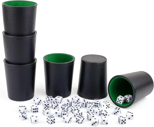 Miniatura 12 de Juego de tazas de dados con forro de fieltro de cuero PU de Reriver, 6 tazas silenciosas mezcladoras de dados con 36 dados para juegos de Bar Party
