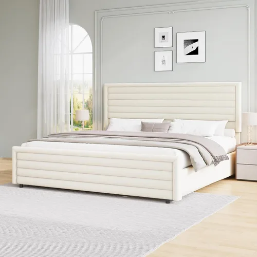 Miniatura 12 de REVOMINCA Armazón de cama tamaño completo (Full Size), plataforma tapizada con cabecera y pie de cama de terciopelo, base de colchón con listones