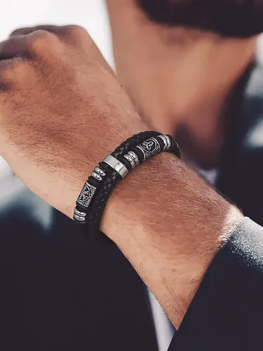 Miniatura 4 de Bandmax Pulseras de Puño de Cuerda de Cera Doble Negra para Hombres Impermeables de Acero Inoxidable Estilo Nórdico Nudo Celta Cuentas Pulsera