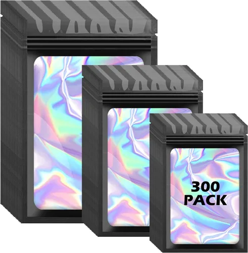 300 bolsas holográficas de mylar, 3 tamaños, bolsas a prueba de olores con ventana transparente, bolsas de papel de aluminio resellables para
