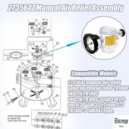 Miniatura 2 de 273564Z - Válvula manual de alivio de aire, 273564Z, compatible con Pentair para Triton II, Triton C, TR100C y TR140C, filtros de arena de spa