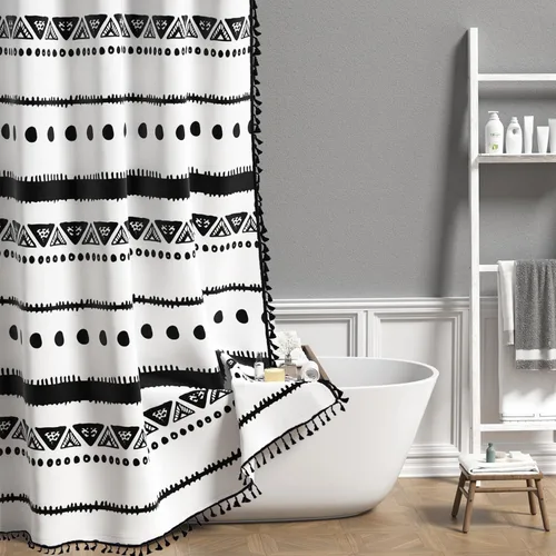 Miniatura 10 de AOFOTO Cortina de Ducha Boho con Patrón Geométrico de Rayas Negras Cortinas de Ducha para Baño con Borlas Cortina de Ducha Bohemia Decoración