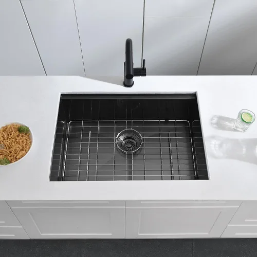 Miniatura 7 de Fregadero de cocina de montaje inferior negro 27 x 19 x 10 pulgadas, fregadero de acero inoxidable negro calibre 16, estación de trabajo debajo