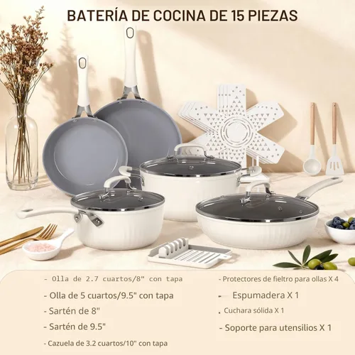 Miniatura 9 de Ammeloo Juego de utensilios de cocina de cerámica acanalada de 15 piezas, juego de ollas y sartenes antiadherentes, listo para inducción, juego