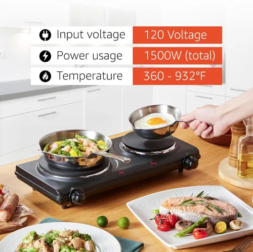 Miniatura 7 de Elite Gourmet EDB-302BF# Quemador doble de hierro fundido para encimera, placa caliente eléctrica de 1500 vatios, controles de temperatura, luces