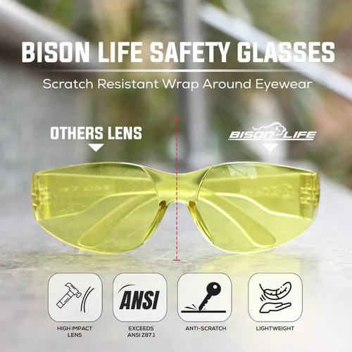 Miniatura 2 de BISON LIFE - Lentes de seguridad con protección envolvente resistente a arañazos, lente de policarbonato resistente a impactos ANSI Z87.1