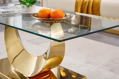 Miniatura 68 de Mesa de centro de cristal de lujo, mesa de centro de sofá de 47 pulgadas con marco de acero inoxidable dorado y parte superior de vidrio negro, mesa