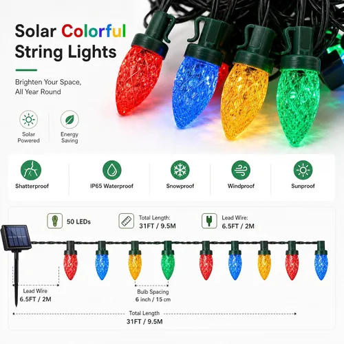 Miniatura 6 de ITICdecor C7 - Guirnalda de luces solares de fresa, 31 pies, 50 luces LED coloridas IP65, impermeable, encendido/apagado automático, cable verde