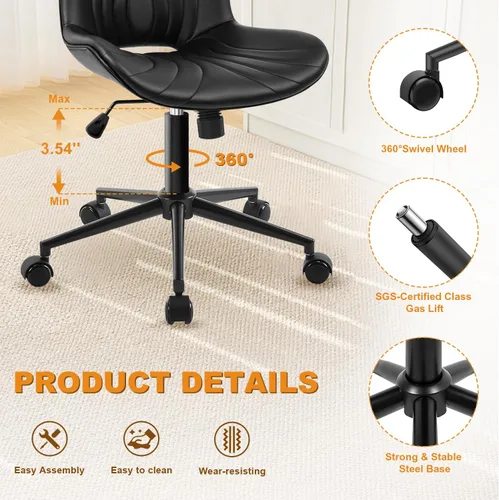 Miniatura 5 de Silla de oficina, silla de escritorio sin brazos con ruedas, ergonómicas y cómodas sillas de trabajo para computadora en casa, silla de tocador