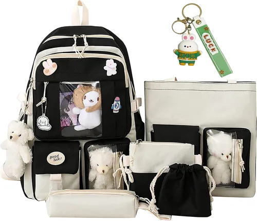 Mochila Kawaii de 5 piezas, bolsa deportiva estética de 17 pulgadas con bonita mochila, bolsa de hombro, caja de lápices, bolsa de mano, bolsa
