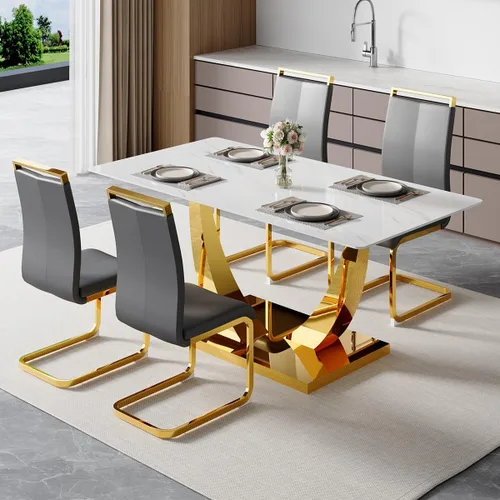 Miniatura 38 de Juego de mesa de comedor de 63 pulgadas para 4, juego de mesa de comedor dorado moderno para 4, juego de mesa de cocina de mármol sintético con negro