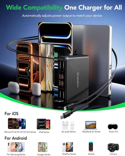 Miniatura 5 de Cargador retráctil 8 en 1 para múltiples dispositivos Apple Samsung, estación de carga de 105 W, USB c Gan Usbc, enchufe de pared de cargador rápido