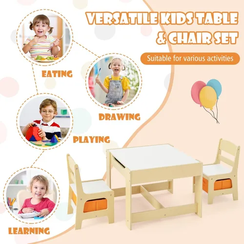 Miniatura 8 de HONEY JOY Mesa y sillas para niños, juego de actividades de madera 3 en 1 con almacenamiento, mesa desmontable, para arte, manualidades, dibujo