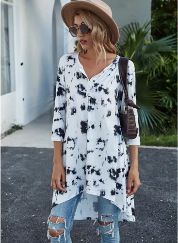 Miniatura 4 de Naggoo - Camiseta de manga 34 para mujer, diseño holgado y largo tipo túnica con cuello en V, botones, dobladillo asimétrico, casual, tallas S a 3XL