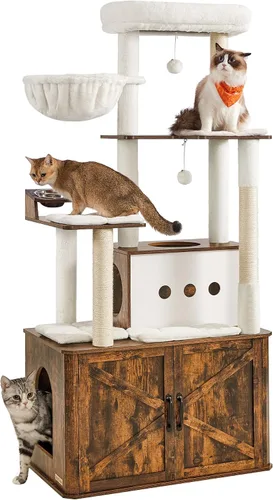Miniatura 11 de Feandrea Árbol para gatos con recinto para caja de arena, torre para gatos moderna 2 en 1, condominio para gatos de 70.8 pulgadas de alto con postes