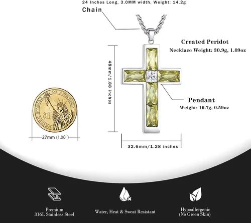 Miniatura 47 de Collar de cruz para hombre, piedras preciosas de color piedra natal de circonita cúbica, collar de acero inoxidable para hombre, cadena de 24