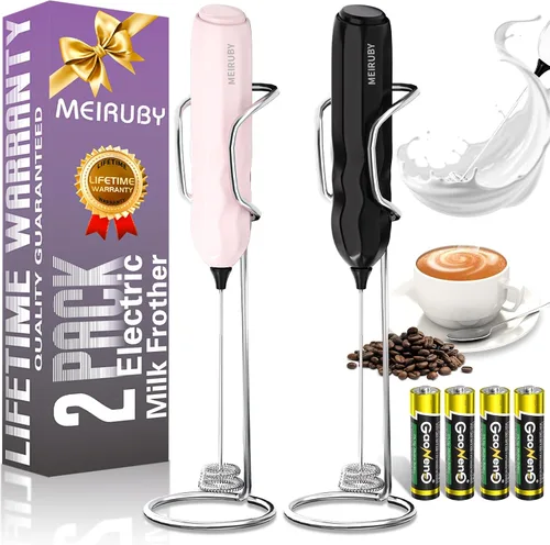 Miniatura 8 de MEIRUBY Paquete de 2 espumadores de leche manuales con soporte, regalos para el Día de San Valentín para él y para ella, potente espumador de café