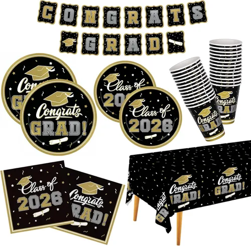 Miniatura 10 de Gatherfun suministros para fiesta de graduación 2022, para 25 comensales, vajilla roja y desechable de papel, con platos, servilletas, vasos, mantel