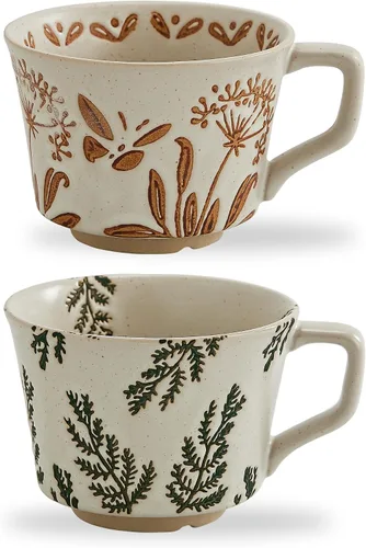 Miniatura 10 de Juego de 4 tazas de café de cerámica vintage de 12 onzas - Hechas a mano de gres cerámico de campo, estilo granja, para té de otoño con gran asa