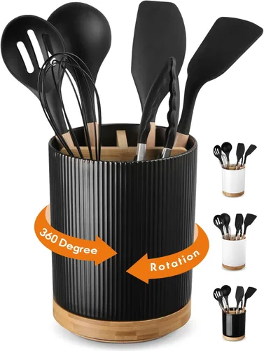 LoeJan Soporte para Utensilios de 3 Compartimentos, Recipiente para Utensilios Extra Grande, Organizador de Utensilios de Cerámica Estable, Juego