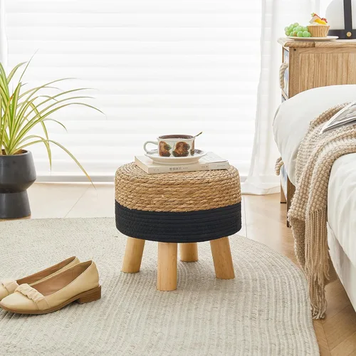 Miniatura 7 de Taburete redondo otomano natural de algas marinas, taburete de pie con 4 patas de madera, taburete redondo tejido a mano, taburete de sofá, taburete